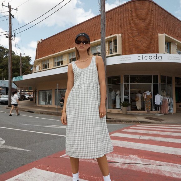 AFENDS Leo Seersucker Check Midi Dress Green White Size Small NEW NWT - Picture 3 of 9